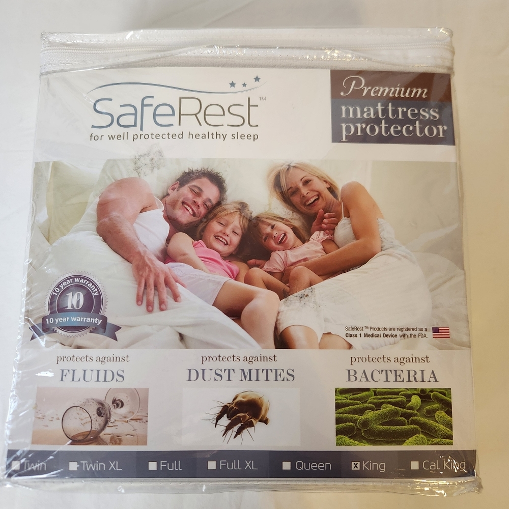 SafeRest Premium Waterproof Mattress Protector King Size Cotton Blend NIB